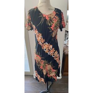 Hilo Hattie Hawaiian Dress Women's Large Black Pineapple Panel Short Sleeve
